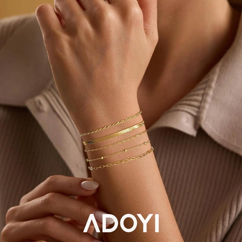 adoyi Gold Bracelets for Women, 14K Gold Plated Stackable Bracelet Stack Set Adjustable Charm Paperclip Chain Cuban Link Layered Waterproof Jewelry Sets Gifts for Womens 6.0/6.8/7.2" - Image 2